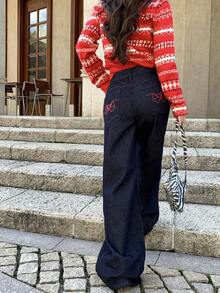 DAZY 女士/女孩休闲蝴蝶结刺绣水洗牛仔裤 - 藍色 - 查看 6