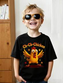 SHEIN 男童休闲时尚创意个性清新简约可爱卡通小鸡、星星、字母印花基础款短袖T恤，舒适日常穿着，温暖的夏秋款式，适合春、夏、秋季穿着。 - 黑色 - 查看 9