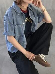 FRIFUL 女士休闲水洗纽扣贴袋宽松牛仔衬衫，夏季 - 藍色 - 查看 6