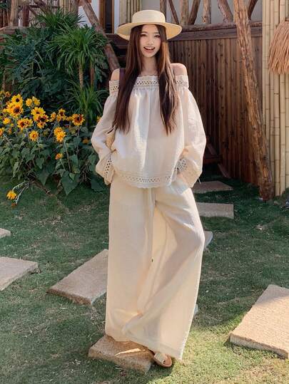 DAZY Women's Off-Shoulder Lace Patchwork Long Sleeve Blouse & Casual Solid Color Pants Set, Elegant Style, Spring/Summer