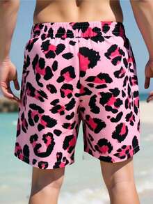 Manfinity Swimmode Men's Drawstring Waist Pockets All-Over Print Casual Beach Shorts - Pink - View 3