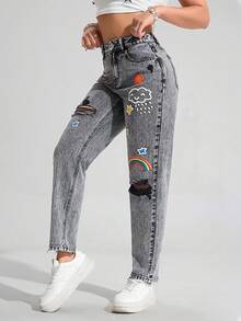 Jeanoix 女士口袋纽扣做旧彩虹字母图案休闲百搭牛仔裤 - 灰色 - 查看 6