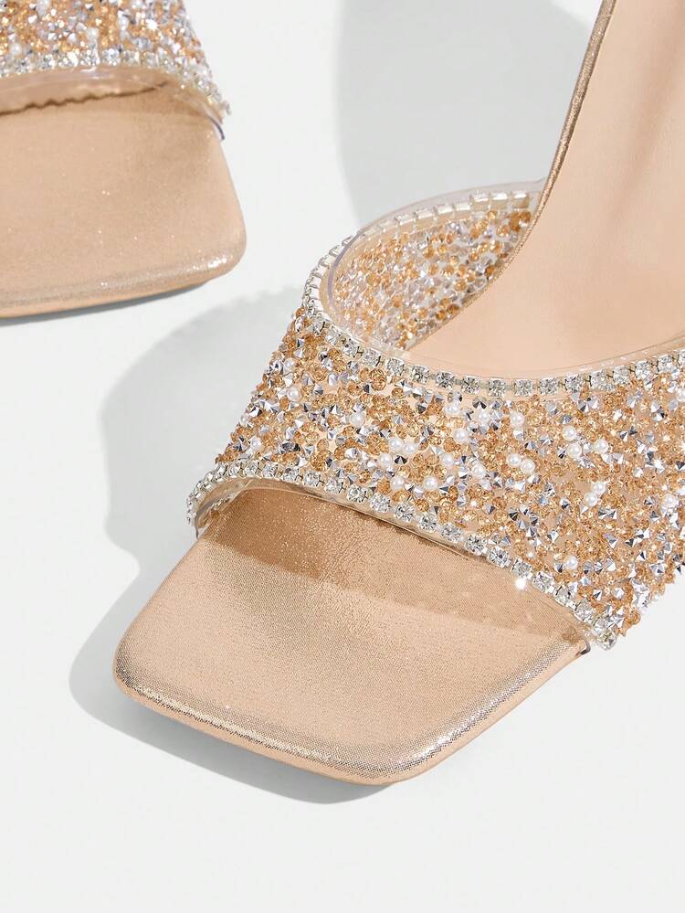 CUCCOO TILAWA Champagne Color Rhinestone Embellished Square Toe Transparent Strap Slip-On High Heel Sandals, Fashionable, Glamorous, Sexy Party Heels For Women Valentine's Day