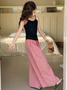 DAZY Tween Girl Solid Color Camisole And Plaid Wide Leg Pants Pajama Set Summer - Black - View 1