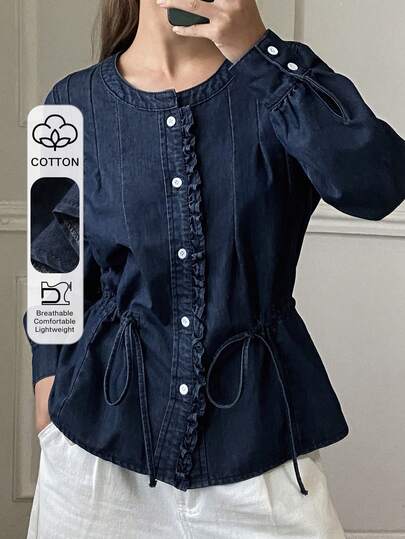 DAZY Women's Loose Cowgirl Style Round Neck Long Sleeve Drawstring Pleated Ruffle Hem Elegant Vintage Denim Blouse, Autumn/Winter