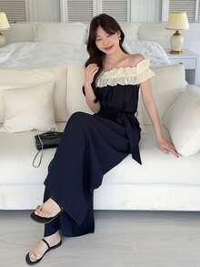 DAZY Bộ jumpsuit nữ thanh lịch với thiết kế phối màu, viền xếp ly, kiểu trễ vai, ống rộng, thích hợp cho kỳ nghỉ, mùa xuân/hè. - màu đen - Xem 1