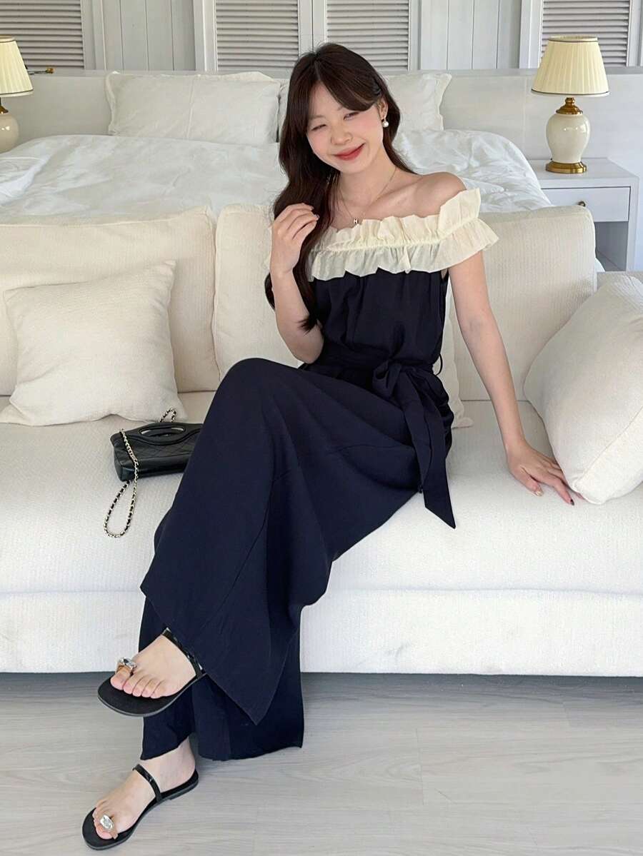 DAZY Bộ jumpsuit nữ thanh lịch với thiết kế phối màu, viền xếp ly, kiểu trễ vai, ống rộng, thích hợp cho kỳ nghỉ, mùa xuân/hè. - màu đen - Xem 1