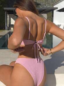Swim SXY Women's Solid Color Shiny One-Piece Hollow-Out Sexy Bikini, Summer - Silver - View 2