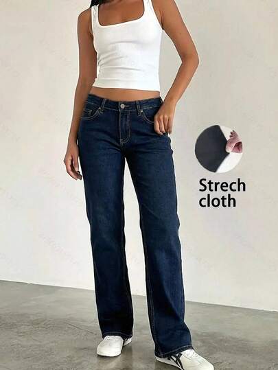 Pantalón femenino casual tipo jeans mom fit elástico de tiro alto ajuste regular sin cuello sin mangas primavera verano uso diario pantalón