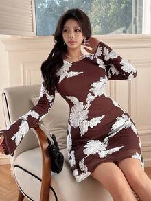DAZY 女士修身优雅长袖迷你连衣裙 - 棕色 - 查看 8