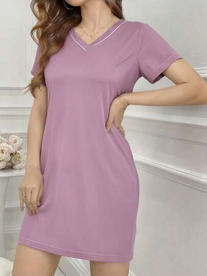 Bata de Dormir para Mujer Cómoda y Suave a la Piel Cuello en V y Mangas Cortas Color Azul Claro Estilo Sencillo y Casual para Hogar, bata para dormir mujer,batas de dormir dama,batas para damas,pijamas navideñas