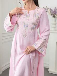Al Najma Colorful Embroidered & Sequin Decor Flared Hem Arabic Style Dress With Round Neck & Bell Sleeves - Pink - View 4