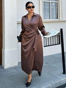 Dazy Plus Đầm ôm sát dài tay màu trơn thanh lịch dành cho nữ cỡ lớn, cổ xéo, thích hợp cho mùa xuân/hè. - màu nâu - Xem 6