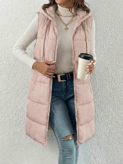 Chaleco acolchado largo para mujer con capucha – Ligero, cálido y con cierre delantero de cremallera,Abrigos para mujer