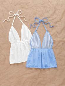 Soleia Bộ 2 áo tank top nữ kiểu dáng thường ngày, hở lưng, buộc dây cổ, thích hợp cho mùa hè. - Nhiều màu - Xem 2