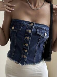 Livesso 女士短款牛仔背心，带大口袋，休闲街头风外套，适合春夏穿着，Y2K风格抹胸上衣 - 藍色 - 查看 7