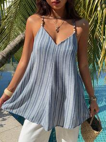 Livesso Áo camisole nữ thanh lịch với thiết kế xếp ly kẻ sọc có họa tiết, phù hợp cho các dịp thường ngày, đi biển, đám cưới, ngày Valentine, mùa xuân/hè. - Màu xanh lam - Xem 7