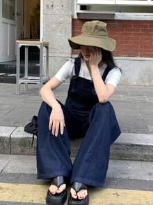 Livesso Women's Solid Color Square Neck Loose Fashion Versatile Denim Jumpsuit - Dark Wash - View 4