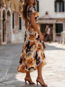 Balvessa Elegant Ditsy Floral Waist Cinched Dress, Spring/Summer - Multicolor - View 2