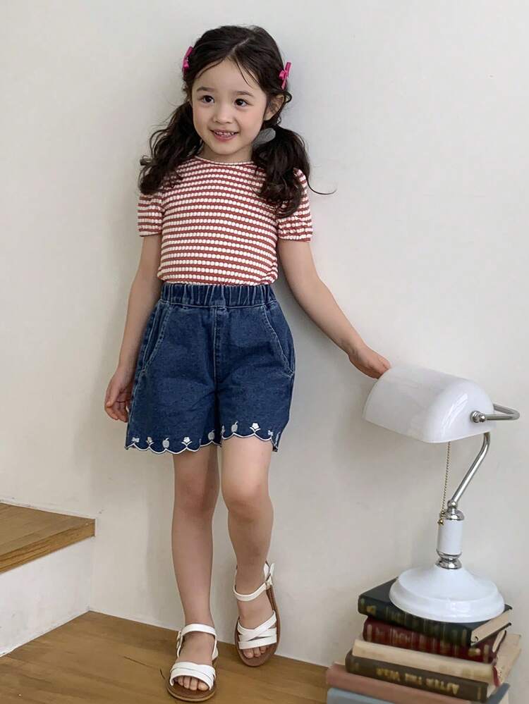 Tween Girls' Round Neck Striped Knit Bow Decor Short Sleeve T-Shirt, Fall Clothes Summer