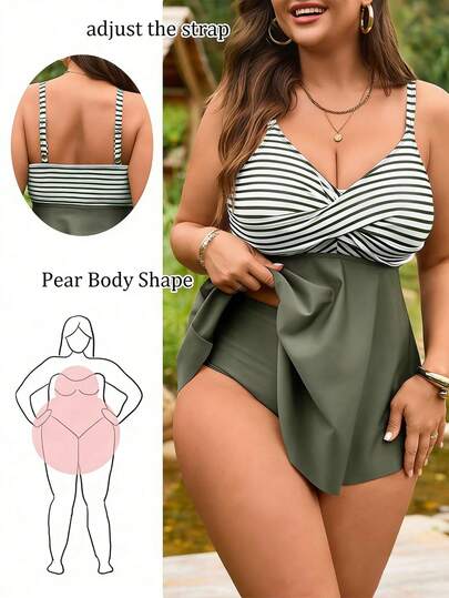 Swim Lushoire 2026 New  Plus Size Women 2pcs Set Striped Print Camisole Top & High Waist Bikini Bottom Swimsuit, Summer Beach Vacation,Swimwear Woman Skirt Swimsuit Set