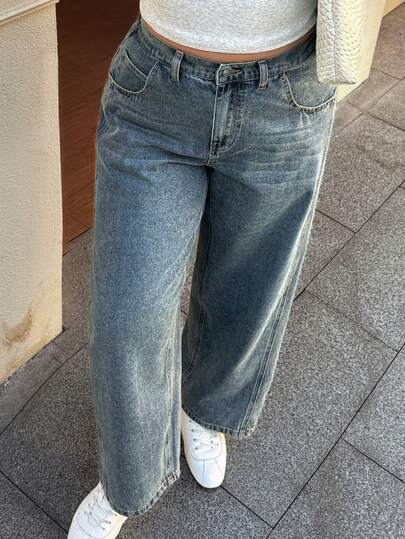 Dazy Plus Plus Size Women Casual Vintage Loose Straight Leg Floor Length Denim Jeans, All Season