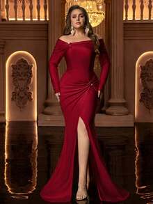 Glamrae Plus Size Elegant Red Spring Evening Dress,Luxurious Off-Shoulder Ruched Bow Long Sleeve Fitted Mermaid Wrap Slit Maxi Dress With Train For Prom Party - Red - View 8