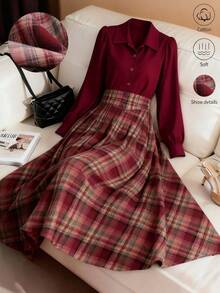 GlowEve Women's Burgundy Plaid Patchwork Design Shirt-Style Waist Cinched A-Line Elegant Everyday French Casual Commute Fashion Retro Versatile Christmas New Year Holiday Business Burgundy Long Sleeve Dress, Autumn/Winter