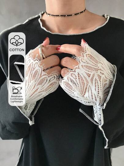 FRIFUL Women's Round Neck Loose Asymmetrical Lace Patchwork Contrast Color Trim Cuff Casual T-Shirt Long Sleeve