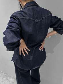 DAZY Loose Long Sleeve Stylish Fashionable Retro Denim Blouse For Women - Dark Wash - View 2