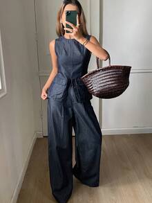 DAZY Conjunto casual de chaleco de mezclilla sin mangas de cuello redondo y pantalones vaqueros rectos y sueltos para mujer - Azul lavado oscuro - Ver 2