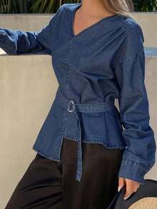 DAZY Áo sơ mi denim nữ cổ chữ V tay dài dáng rộng, thắt eo, kiểu dáng thường ngày. - Rửa trung bình - Xem 5