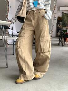 DAZY Quần jeans nữ ống đứng dáng rộng, cạp универсальный, có túi trang trí, kiểu dáng đường phố thường ngày. - Màu Khaki - Xem 4