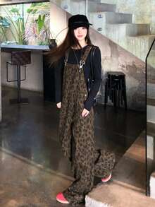 DAZY 女士豹纹长款休闲牛仔背带裤和连体裤 - 棕色 - 查看 3