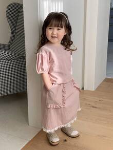 DAZY 2件套女童圆领可爱刺绣衬衫和裙子韩版休闲套装 - 粉色 - 查看 5