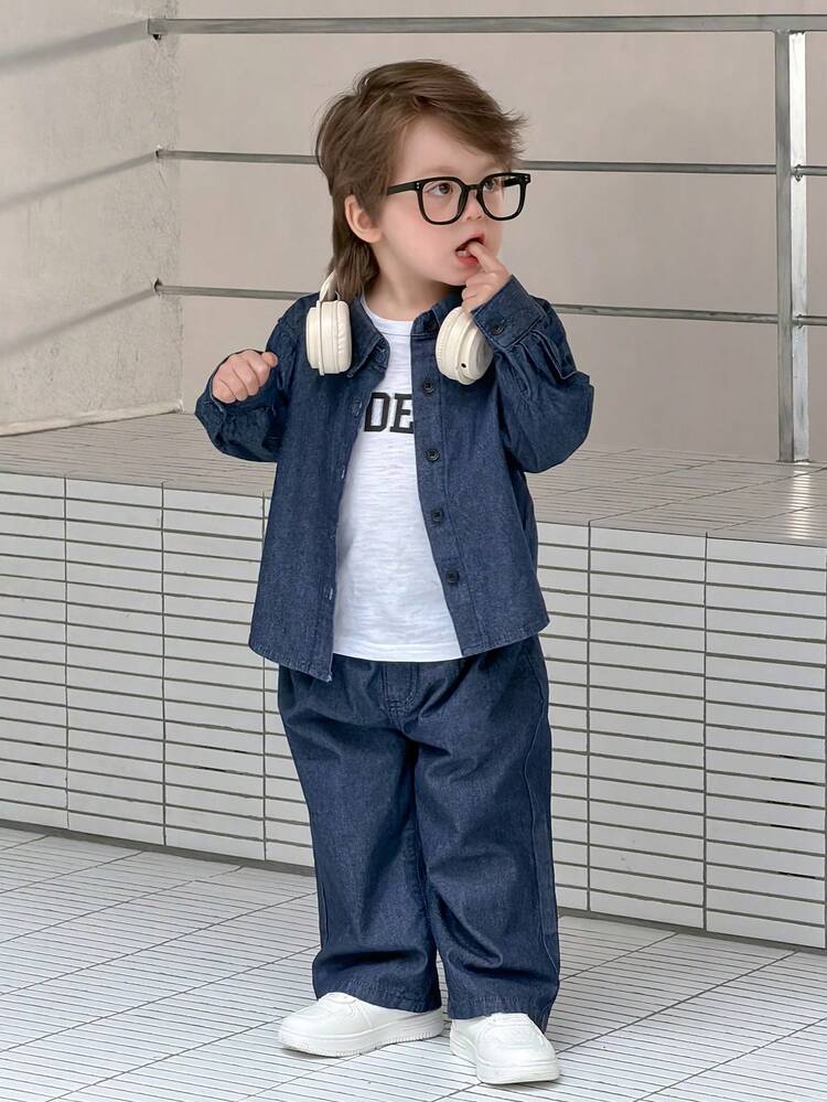 Toddler Boys' Retro Casual Washed Denim Shirt Collar