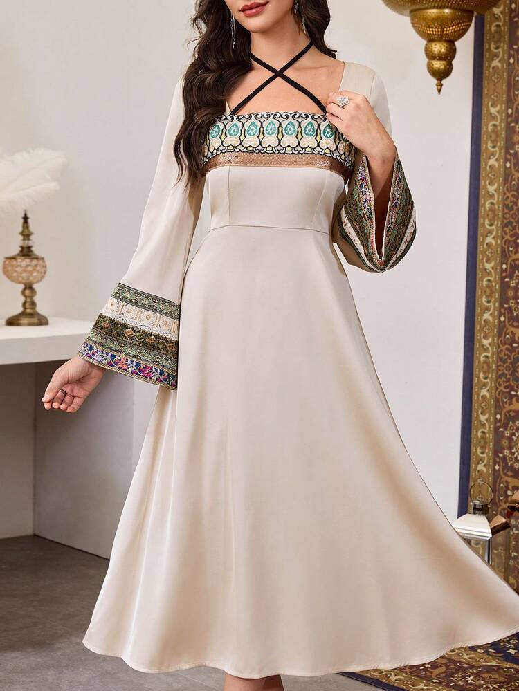 SHEIN Najma Square Neck Tie-Up Satin Floral Trim Patchwork Waist Flared Sleeve Dress For Women - Champagne - View 8