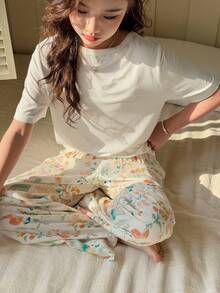 DAZY Tween Girls Solid Color Knit Long Sleeve Half-Zip Top & Floral Print Long Pajama Pants Homewear Set, Fall - Beige - View 8