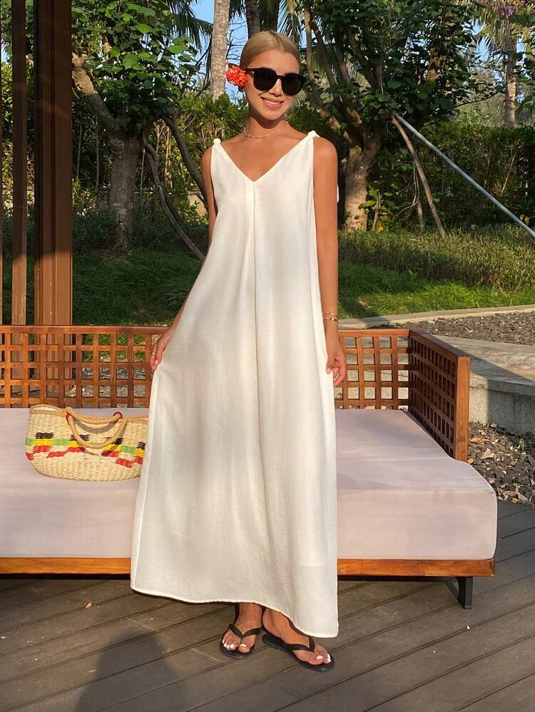 Women's Solid Color Loose Spaghetti Strap Twist Knot Open Back Pleated Elegant Dress, Suitable For Vacation, Spring/Autumn
