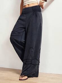 Bohemela Pantalones anchos de mujer de punto de unicolor casual con aplicación floral - Negro - Ver 7