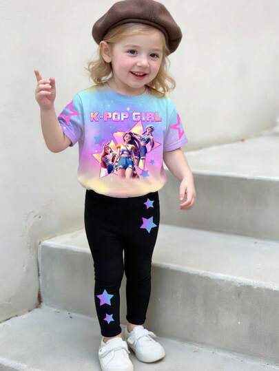 2pcs Baby Girl Casual Fashion Versatile K-Pop Cartoon Character Ombre Print Loose Crew Neck Short Sleeve T-Shirt And Black Leggings Set, Fashionable Streetwear, Suitable For Spring, Autumn, Winter Outdoor, Picnic, School, Party