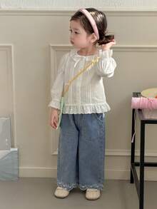 DAZY 女童春夏刺绣休闲宽松阔腿牛仔裤 - 淺色水洗藍 - 查看 7