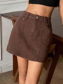 DAZY Women's Regular Waist Short Street Casual Denim Mini Skirt Y2k - Brown - View 5
