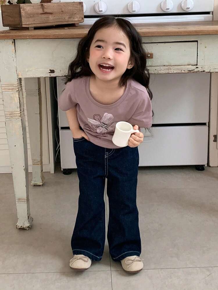 Toddler Girls' Floral Print Casual Korean Style Round Neck Short Sleeve T-Shirt, Summer