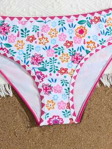SHEIN Tween Girls White Ditsy Floral Bikini Sets,Asymmetrical Shoulder Design With Detachable Strap,2 Pieces Boho Swimwear For Summer Vacation Holiday Beach - Multicolor - View 5