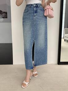 DAZY Women's Casual Rhinestone Embellished Straight Cut Slit Denim Skirt, Spring/Summer - Blue - View 9