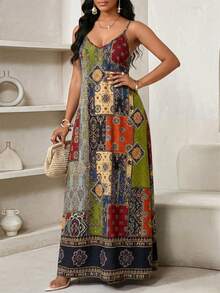 SHEIN Lady 大码女式撞色印花休闲度假吊带裙 - 彩色 - 查看 3