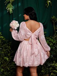 Đầm dài tay dáng chữ A tay dài hở lưng, buộc dây, cỡ lớn, chất liệu jacquard. - Bụi hồng - Xem 1