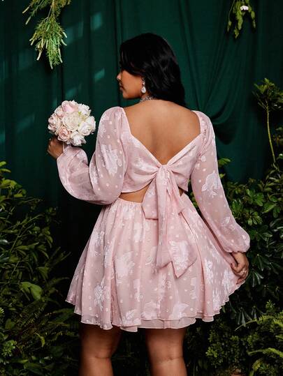 Roveilla Plus Size Backless Tie Strap Long Sleeve A-Line Jacquard Dress