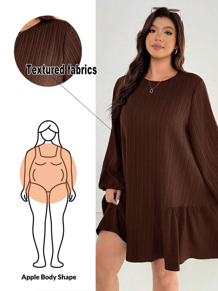 SHEIN Essnce 大码女装秋冬时尚休闲宽松舒适日常基础款修身质感面料黑色长袖连衣裙,秋季穿搭,曲线连衣裙,职业装,简约风格 - 棕色 - 查看 1
